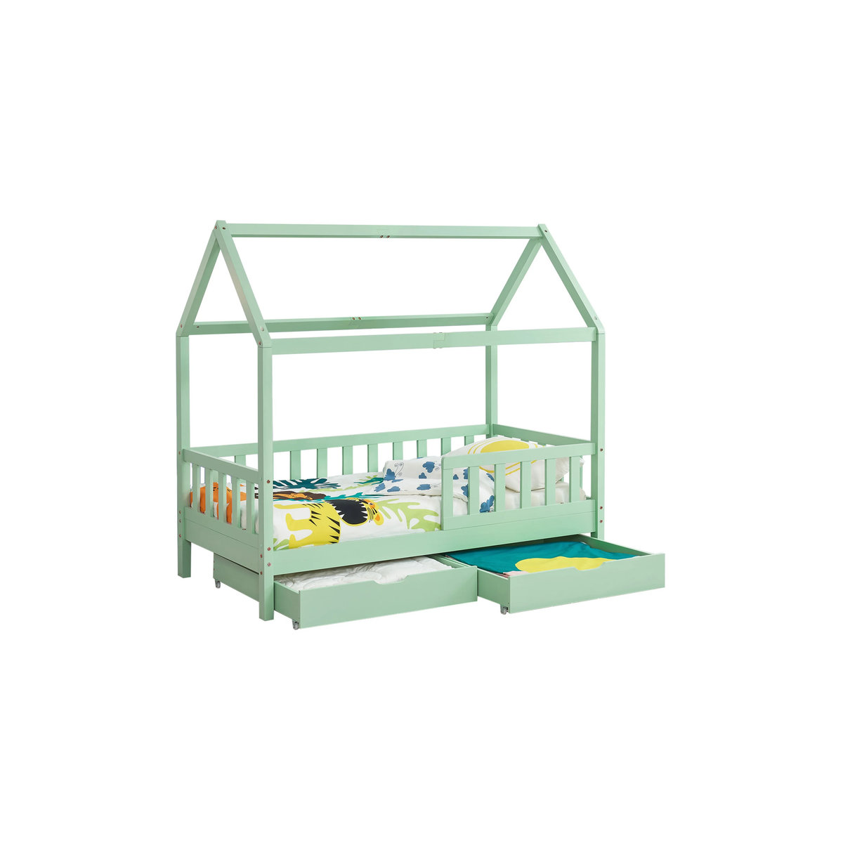 Juskys Kinderbett Marli Hausbett aus Kiefernholz mit Dach, Gitter, Lattenrost und Bettkasten in Mint, B/T/H: 90 x 200 x 152 cm - Bild 3