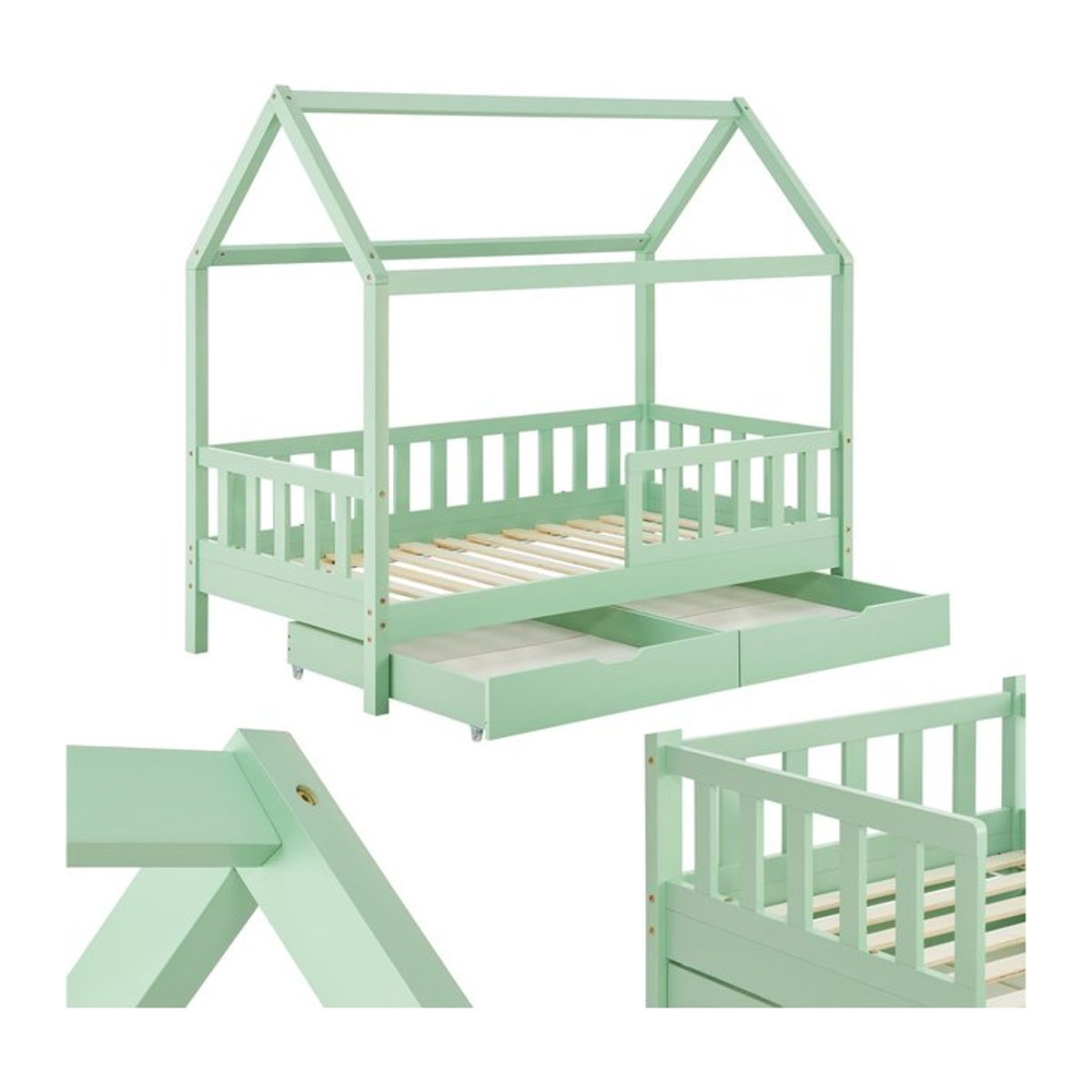Juskys Kinderbett Marli Hausbett aus Kiefernholz mit Dach, Gitter, Lattenrost und Bettkasten in Mint, B/T/H: 90 x 200 x 152 cm - Bild 4