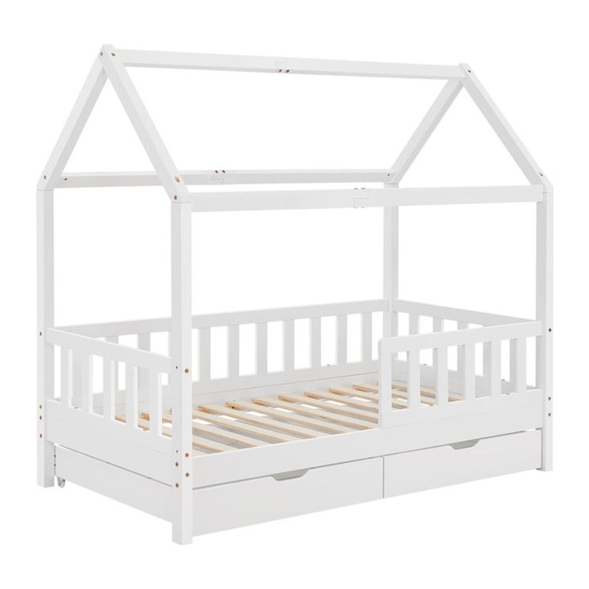 Juskys Kinderbett Marli Hausbett aus Kiefernholz mit Dach, Gitter, Lattenrost und Bettkasten, Weiß, B/T/H: 200 x 90 x 162 cm - Bild 1
