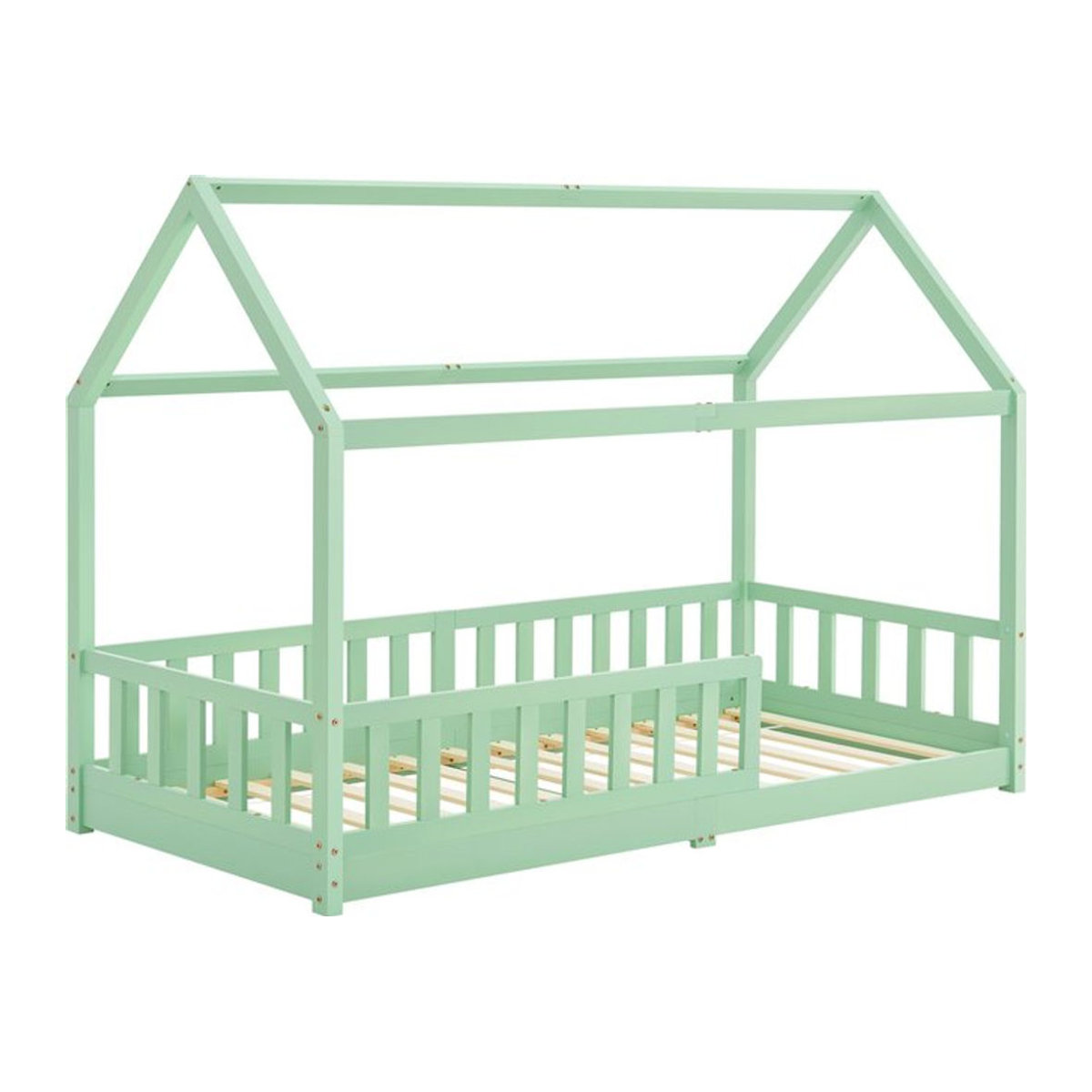 Juskys Kinderbett Marli Hausbett aus Kiefernholz mit Dach und Rausfallschutz, Mint, B: 90 cm, L: 200 cm - Bild 1