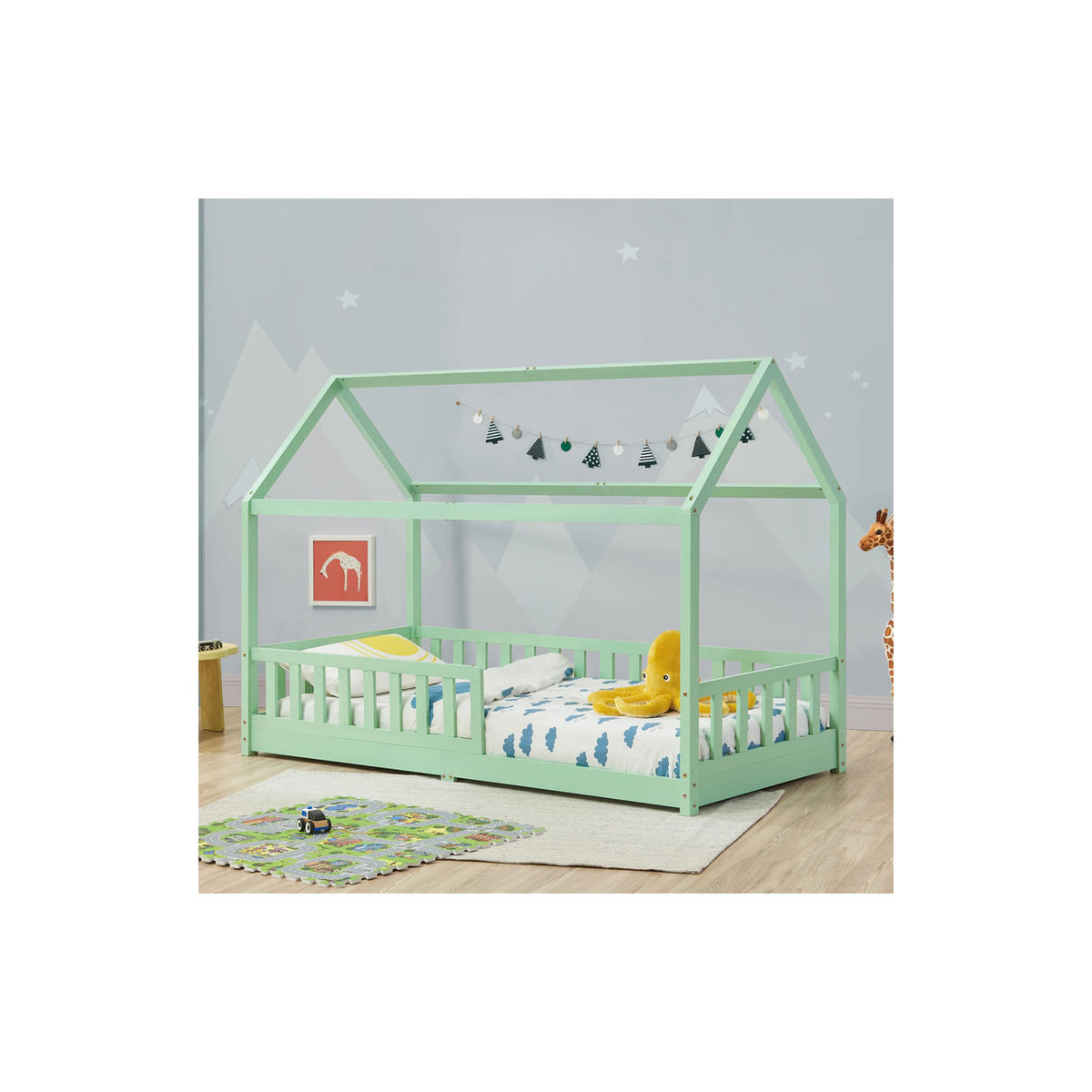 Juskys Kinderbett Marli Hausbett aus Kiefernholz mit Dach und Rausfallschutz, Mint, B: 90 cm, L: 200 cm - Bild 2
