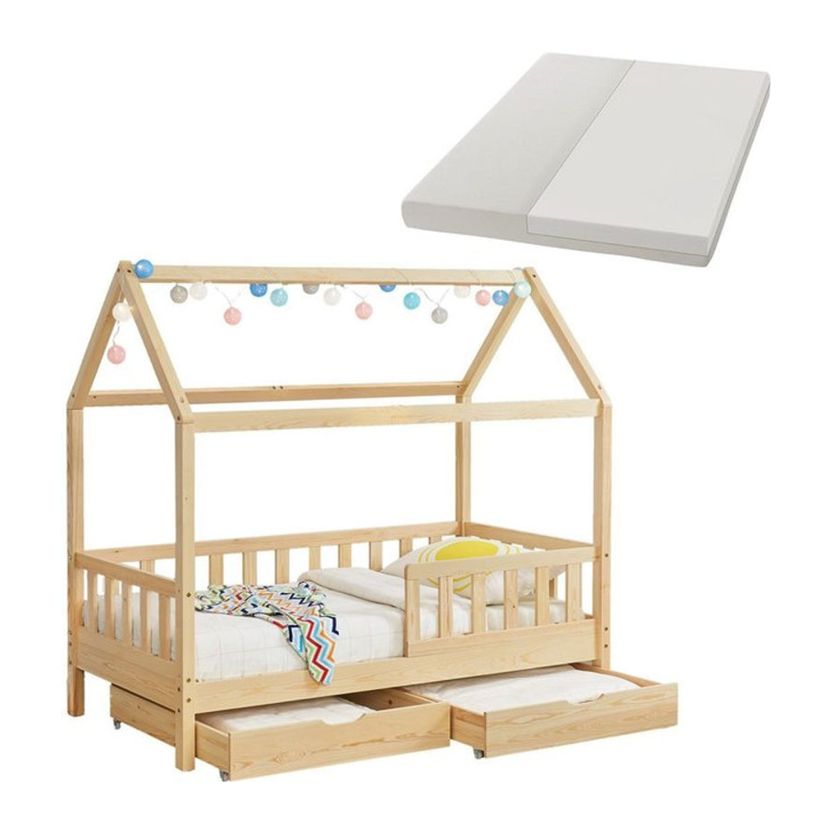 Juskys Kinderbett Marli in Natur mit Dach, Matratze, Bettkasten, Gitter und Lattenrost, B: 90 cm, L: 200 cm - Bild 1