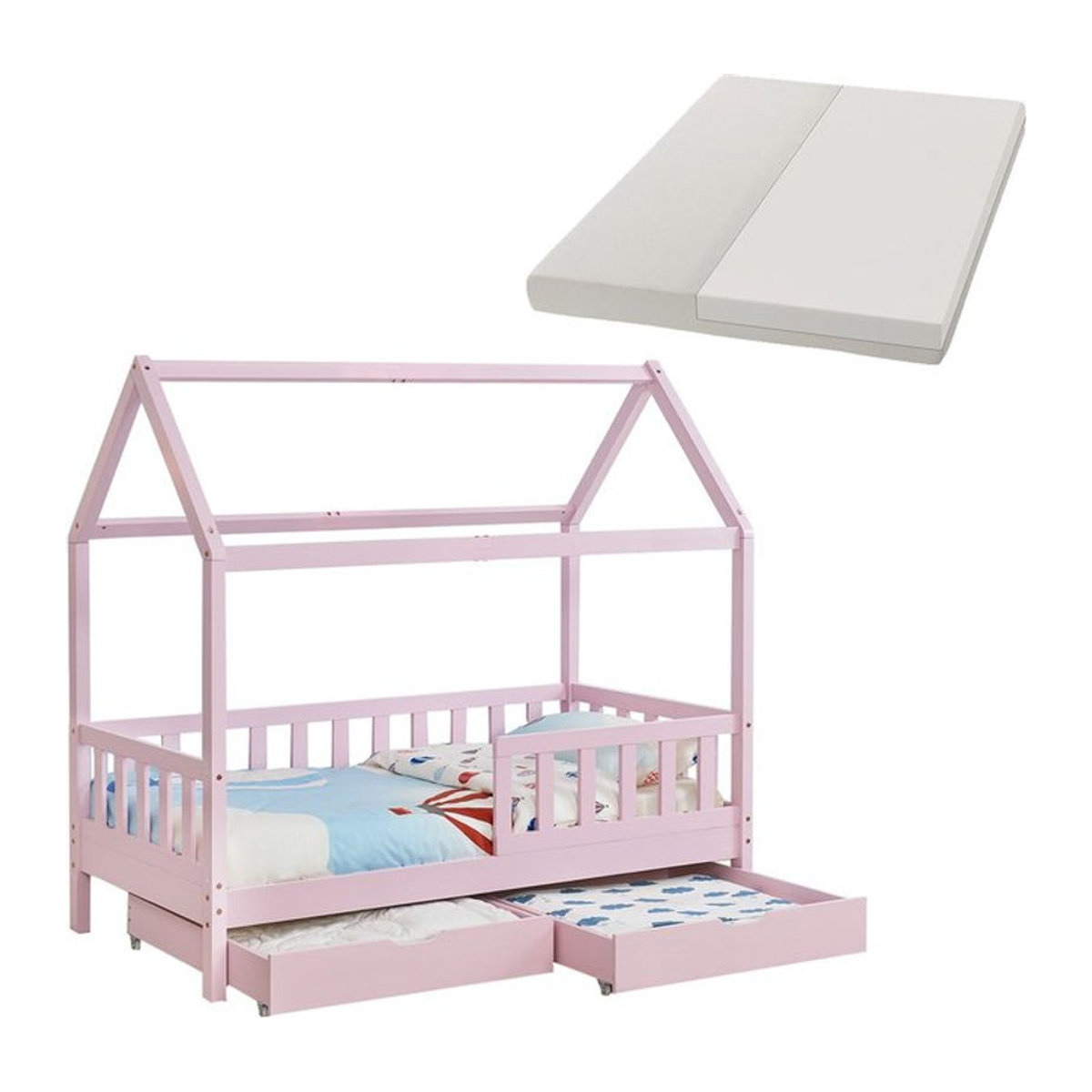 Juskys Kinderbett Marli Modern in Rosa mit Matratze, Bettkasten, Gitter, Lattenrost und Dach, B/T/H: 160 x 80 x 80 cm - Bild 1