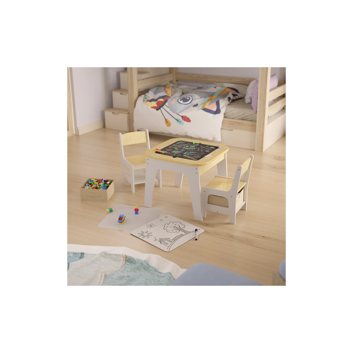 Juskys Kindersitzgruppe Milou aus Holz mit Tisch, 2 Stühlen und Stauraum in Natur - Bild 3