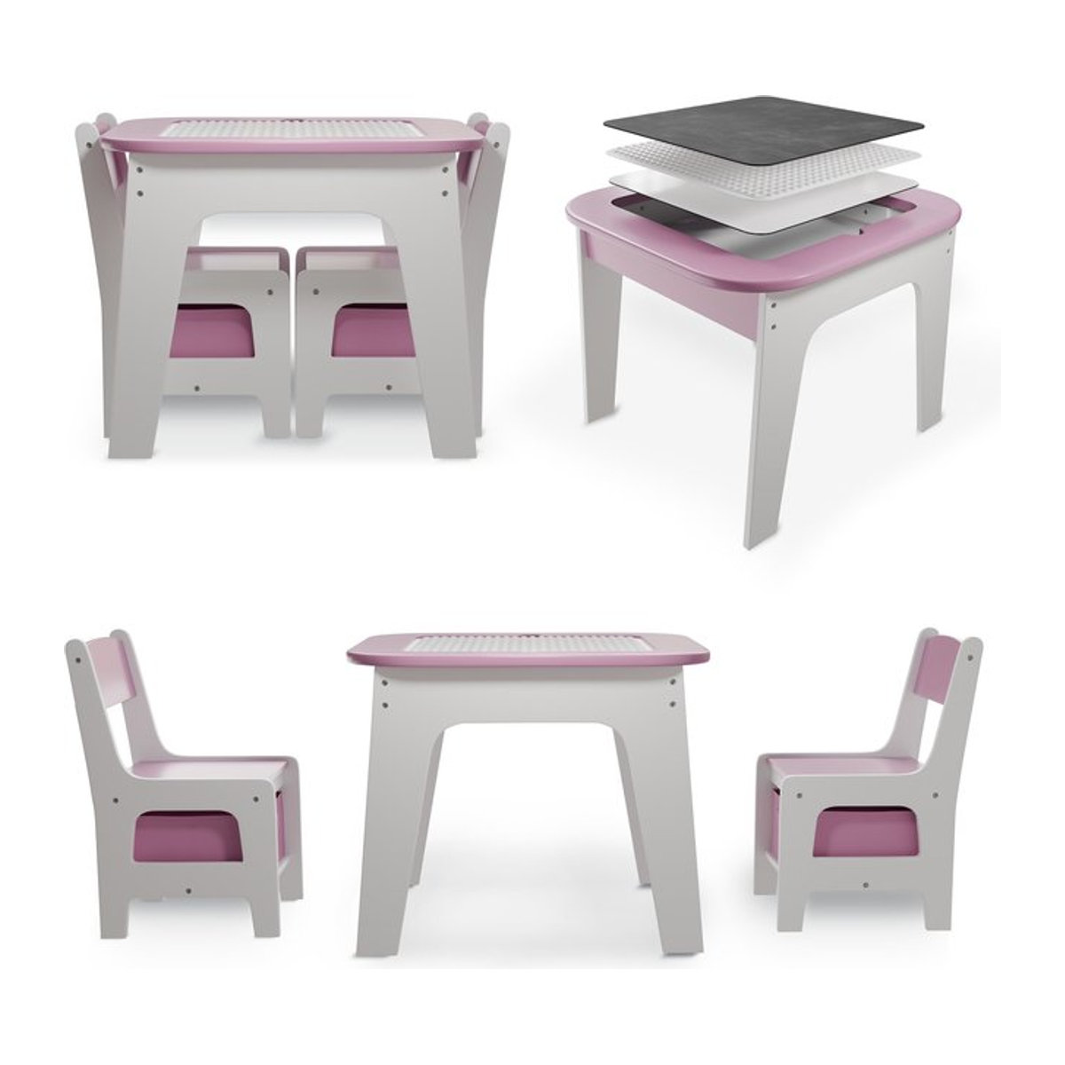 Juskys Kindersitzgruppe Milou aus Holz mit Tisch, 2 Stühlen und Stauraum in Rosa - Bild 1