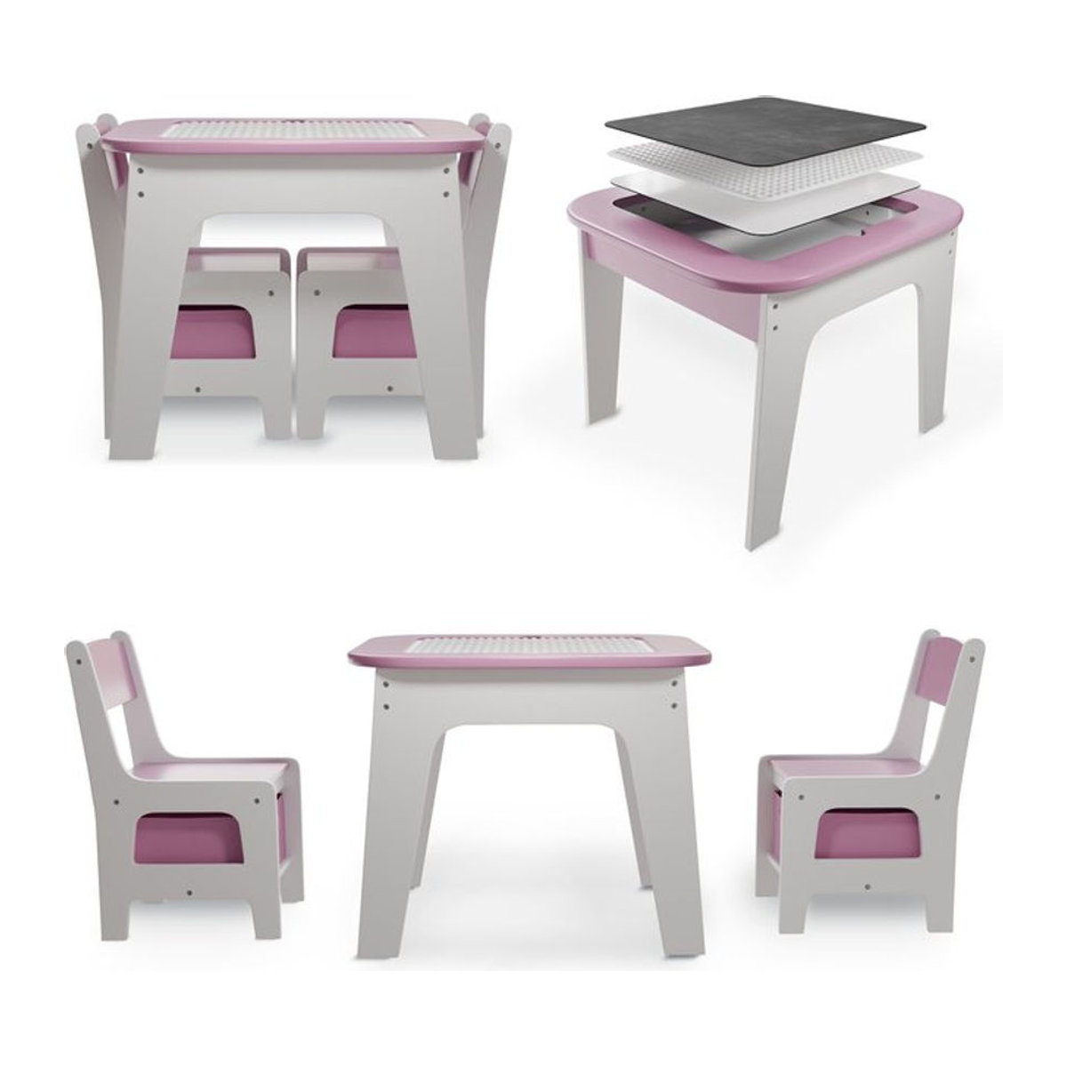 Juskys Kindersitzgruppe Milou aus Holz mit Tisch, 2 Stühlen und Stauraum in Rosa - Bild 3