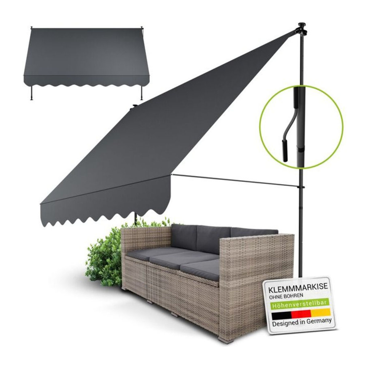 Juskys Klemmmarkise Kapstadt in Grau, höhenverstellbar und ohne Bohren, B: 300 cm, H: 120 cm - Bild 2