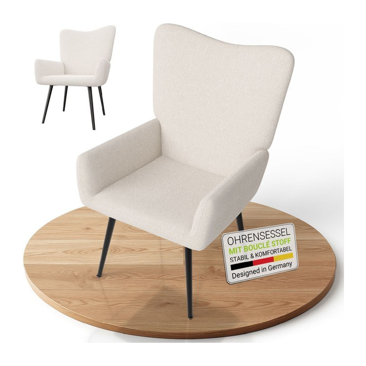 Juskys Ohrensessel Odense Relaxsessel mit Bouclé und Stahlgestell in Beige - Bild 1