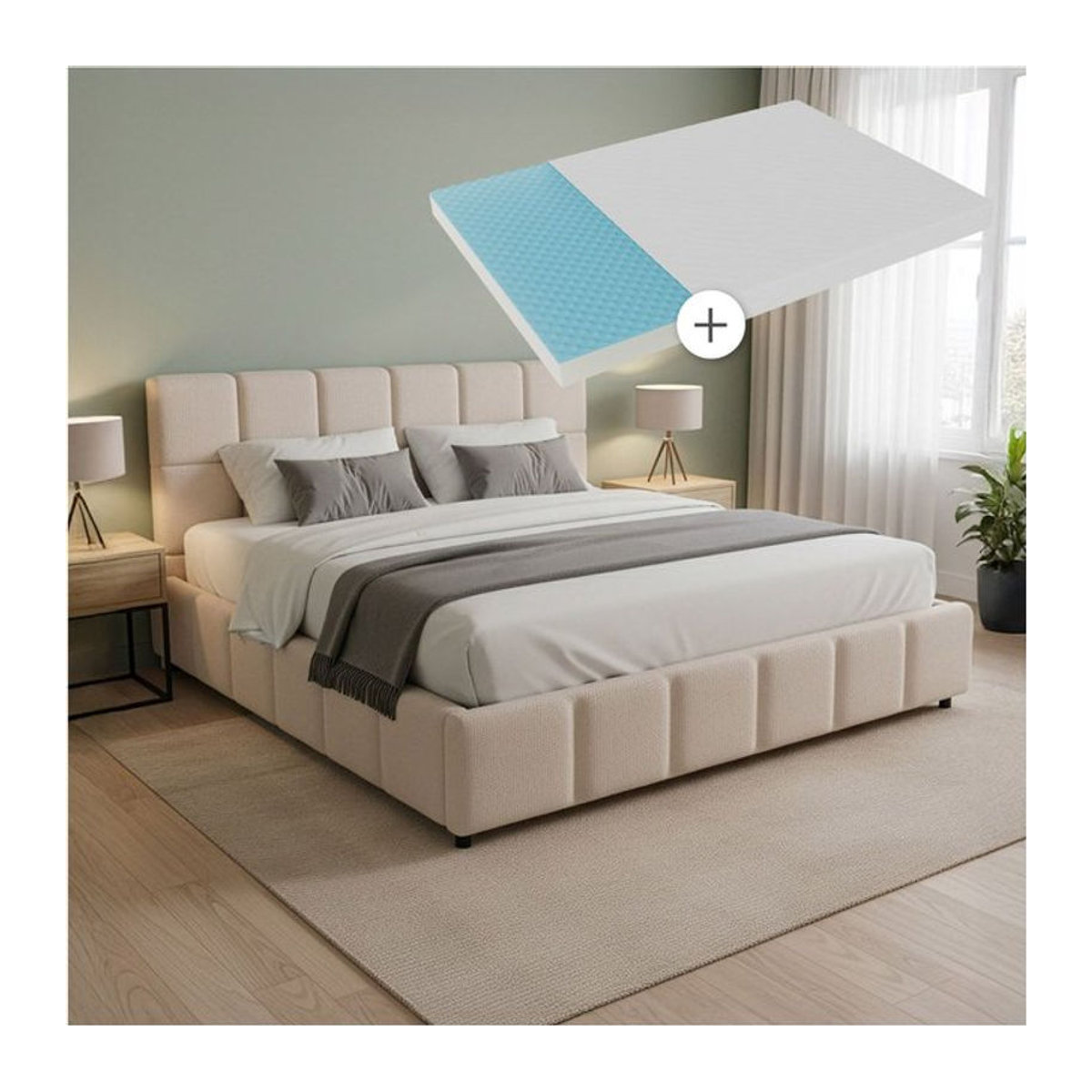 Juskys Polsterbett Florenz mit Matratze in Beige mit Bouclé-Bezug und Bubble-Design B/T/H: 180 x 200 cm - Bild 1
