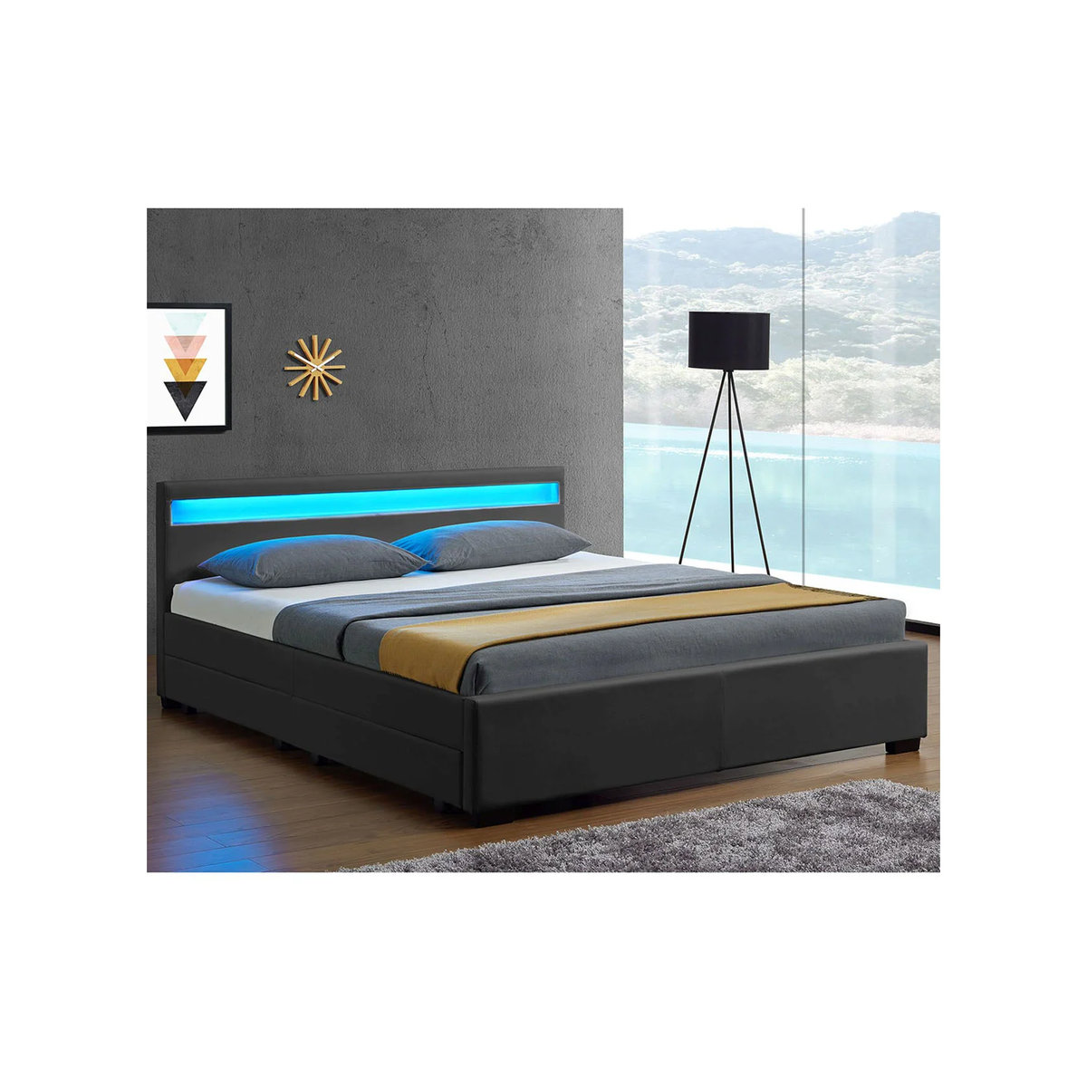 Juskys Polsterbett Lyon Modern aus Kunstleder mit Bettkasten und LED Beleuchtung, Grau, B/T/H: 140 x 200 x 85 cm - Bild 2
