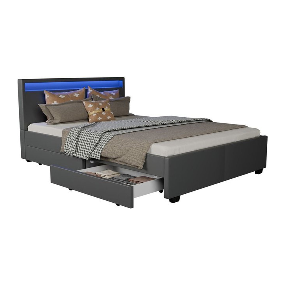 Juskys Polsterbett Lyon Modern aus Kunstleder mit Bettkasten und LED Beleuchtung, Grau, B/T/H: 140 x 200 x 85 cm - Bild 5