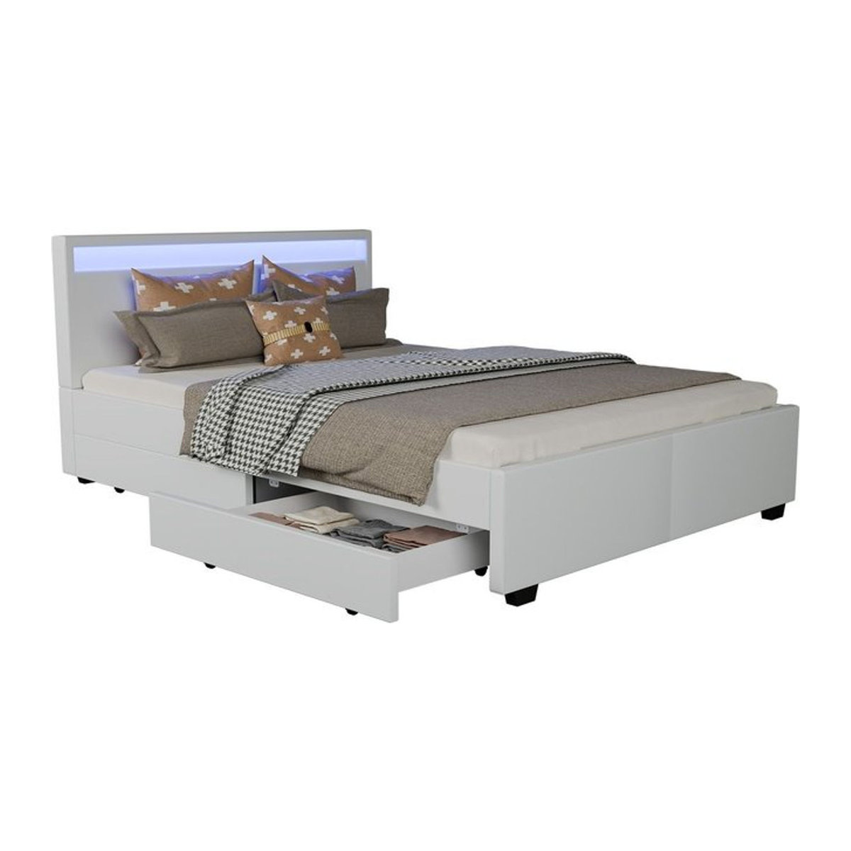 Juskys Polsterbett Lyon Modern aus Kunstleder mit Bettkasten und LED Beleuchtung, Weiß, B: 140 cm, T: 200 cm - Bild 5