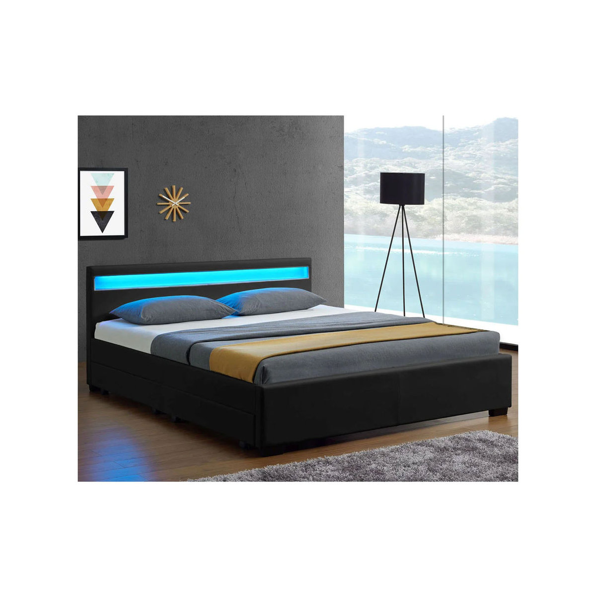 Juskys Polsterbett Lyon Modern in Schwarz mit Kunstleder, Bettkasten und LED Beleuchtung, B/T/H: 180 x 200 x 85 cm - Bild 2
