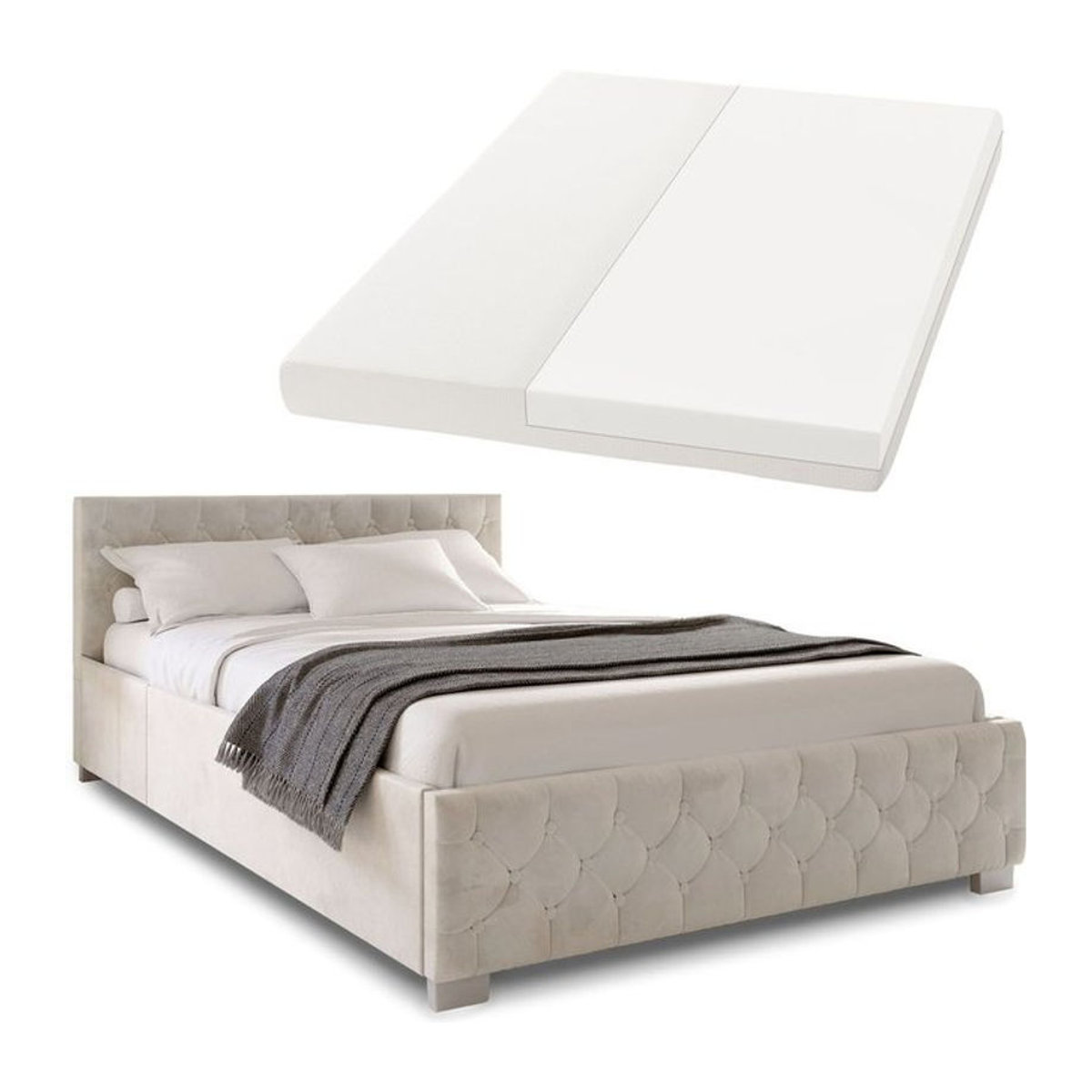 Juskys Polsterbett Nizza in Beige mit Samtbezug, Matratze, Stauraum und LED-Beleuchtung, B/T/H: 140 x 200 x 83 cm - Bild 1