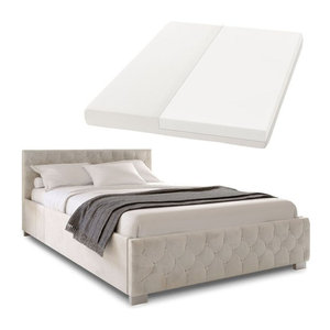 Juskys Polsterbett Nizza mit Matratze, Stauraum und LED-Beleuchtung, Samtbezug in Beige, B/T/H: 180 x 200 x 216 cm