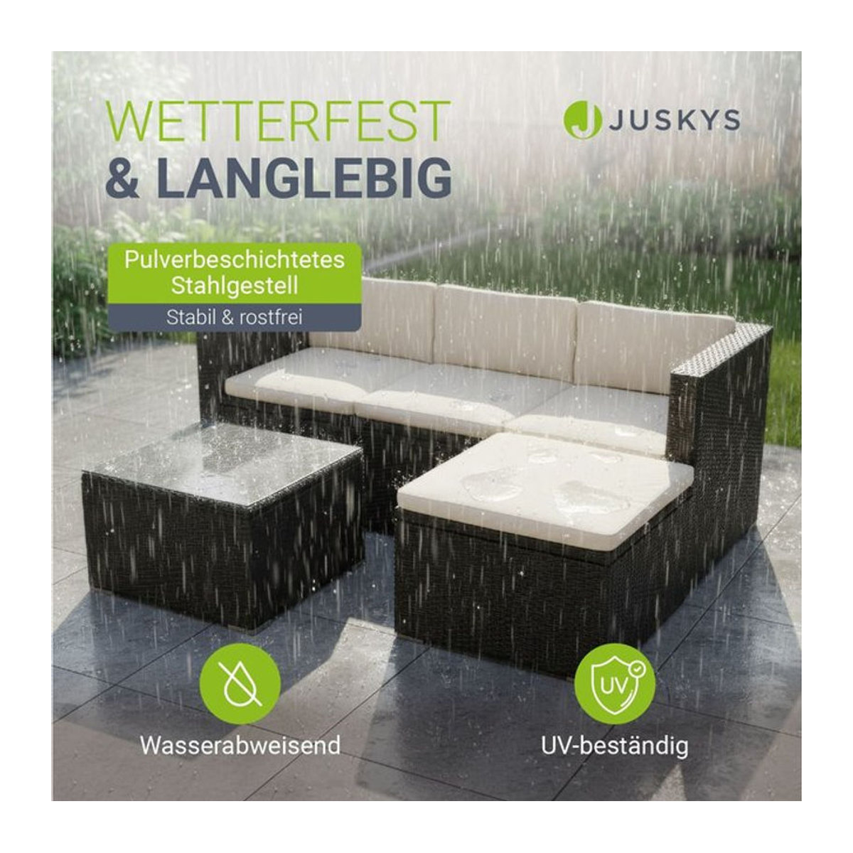 Juskys Polyrattan Gartenlounge Punta Cana M in Schwarz und Beige mit Sofa, Tisch und Hocker für 3-4 Personen - Bild 5