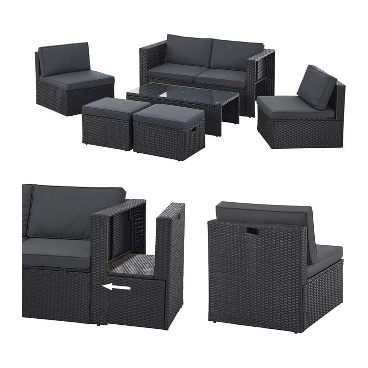 Juskys Polyrattan Gartenmöbel Set Salou - Moderne Outdoor Lounge für 6 Personen in Schwarz und Anthrazit - Bild 5