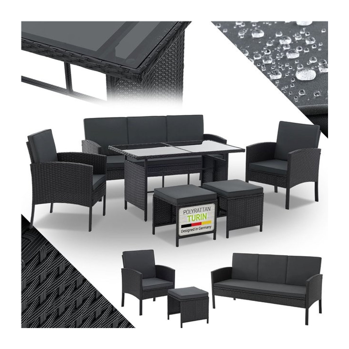 Juskys Polyrattan Gartenmöbel Sitzgruppe Turin Set 6 teilig in Schwarz - Bild 4