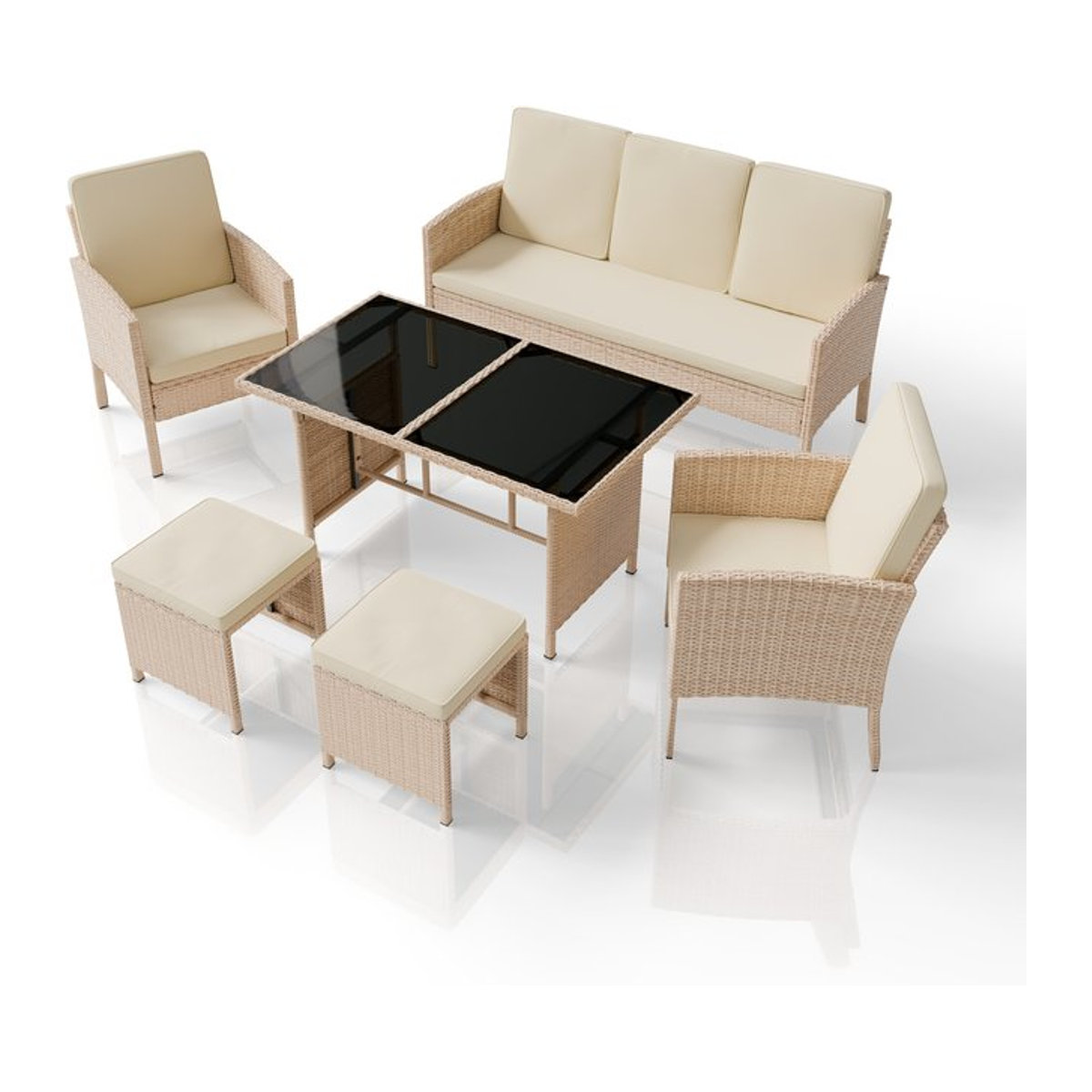 Juskys Polyrattan Gartenmöbel Sitzgruppe Turin Set 6 teilig Lounge mit Tisch in Creme/Beige - Bild 1