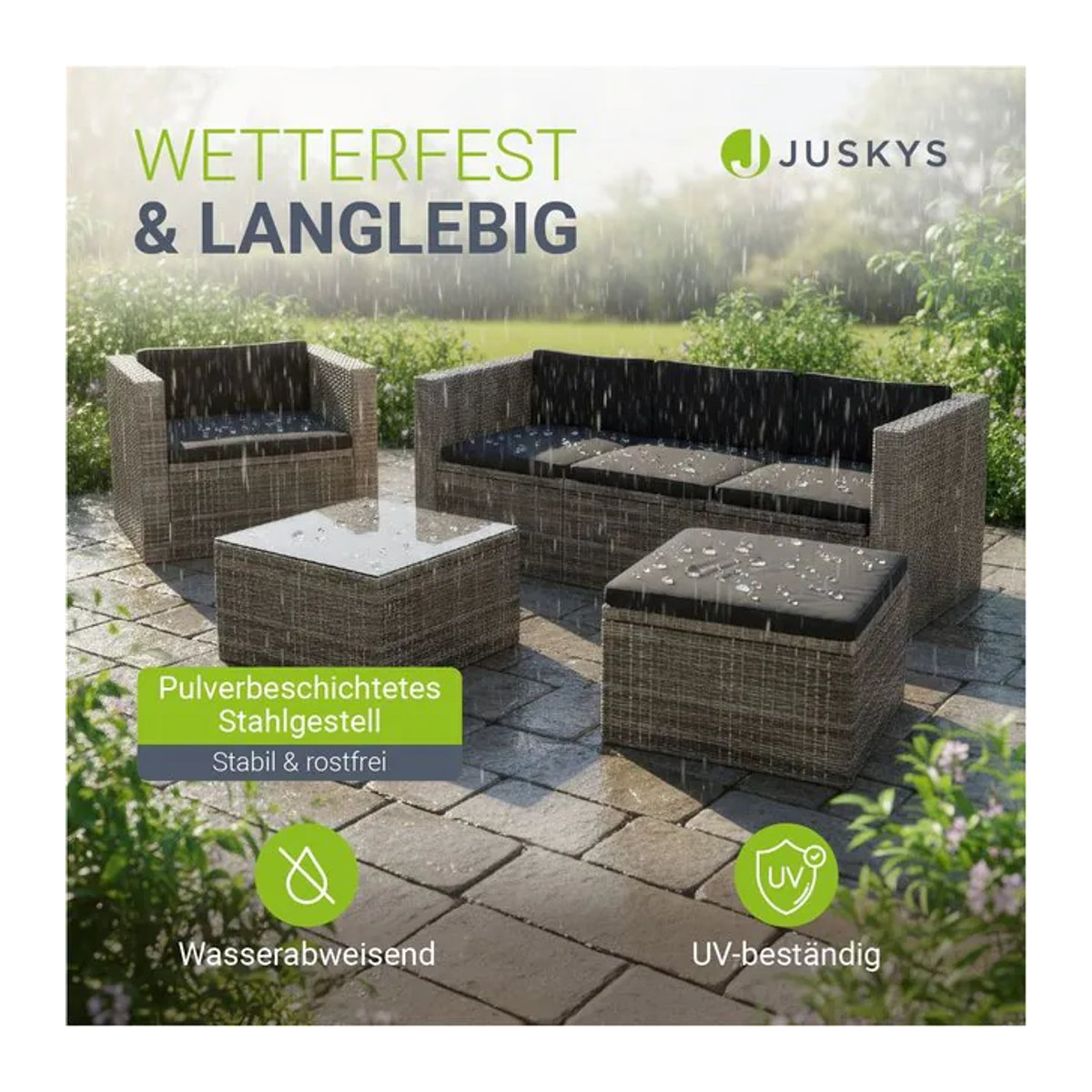 Juskys Polyrattan Lounge Punta Cana L Loungemöbel Set in Grau-meliert für 4-5 Personen mit Sessel, Sofa, Tisch und Hocker - Bild 1