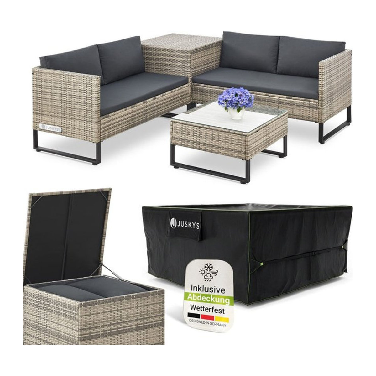 Juskys Polyrattan Lounge Santorini Gartenmöbel Set in Grau mit Beistelltisch, Auflagenbox und Abdeckung - Bild 1