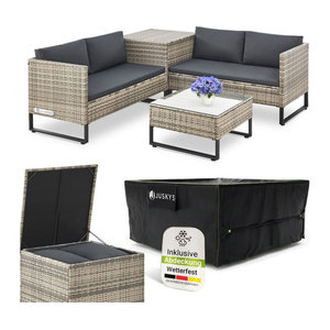 Juskys Polyrattan Lounge Santorini Gartenmöbel Set in Grau mit Beistelltisch, Auflagenbox und Abdeckung