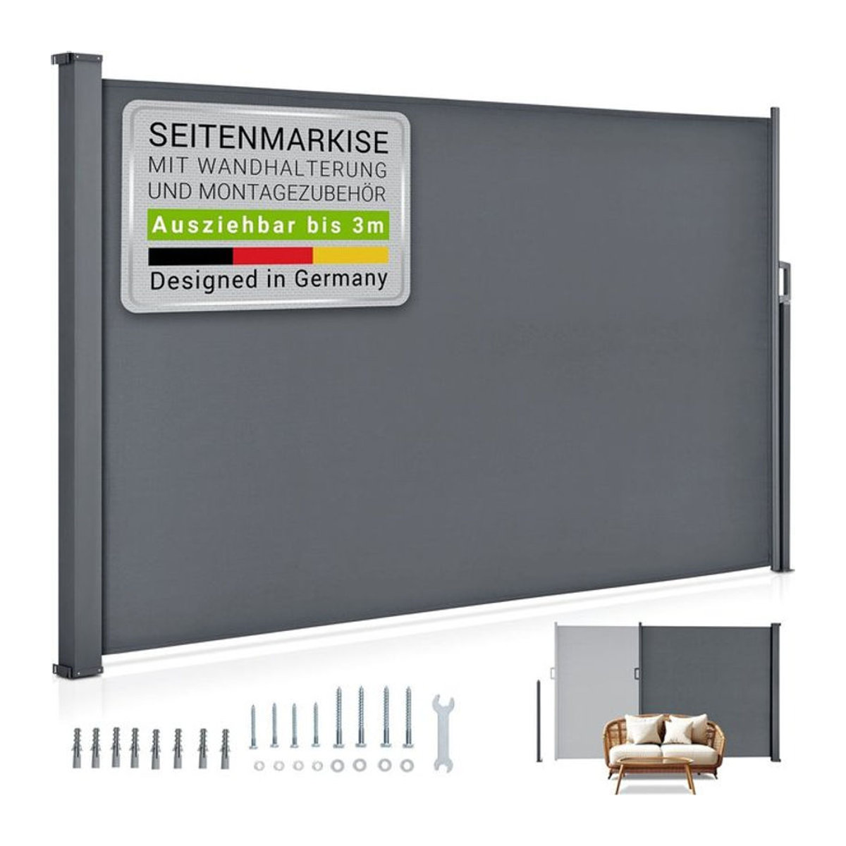 Juskys Seitenmarkise Dubai ausziehbar blickdicht als Sichtschutz für Garten und Terrasse in Anthrazit, Breite: 300 cm, Höhe: 160 cm - Bild 1