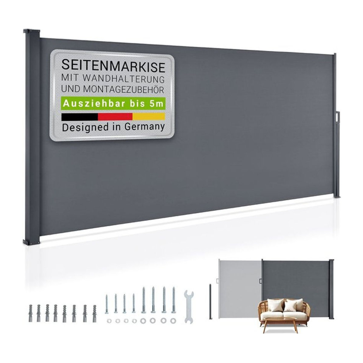 Juskys Seitenmarkise Dubai ausziehbar blickdicht Sichtschutz für Garten und Terrasse in Anthrazit B: 500 cm, H: 160 cm - Bild 1