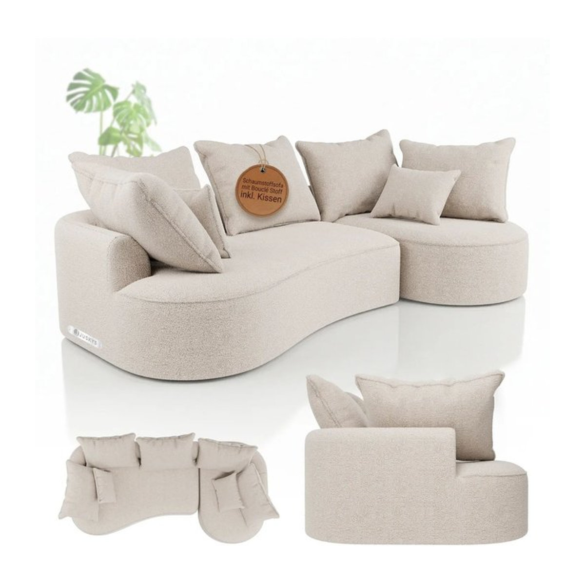 Juskys Sofa Tirano Ecksofa in L-Form als 4-Sitzer mit Ottomane rechts, Bouclé, Creme/Beige - Bild 1