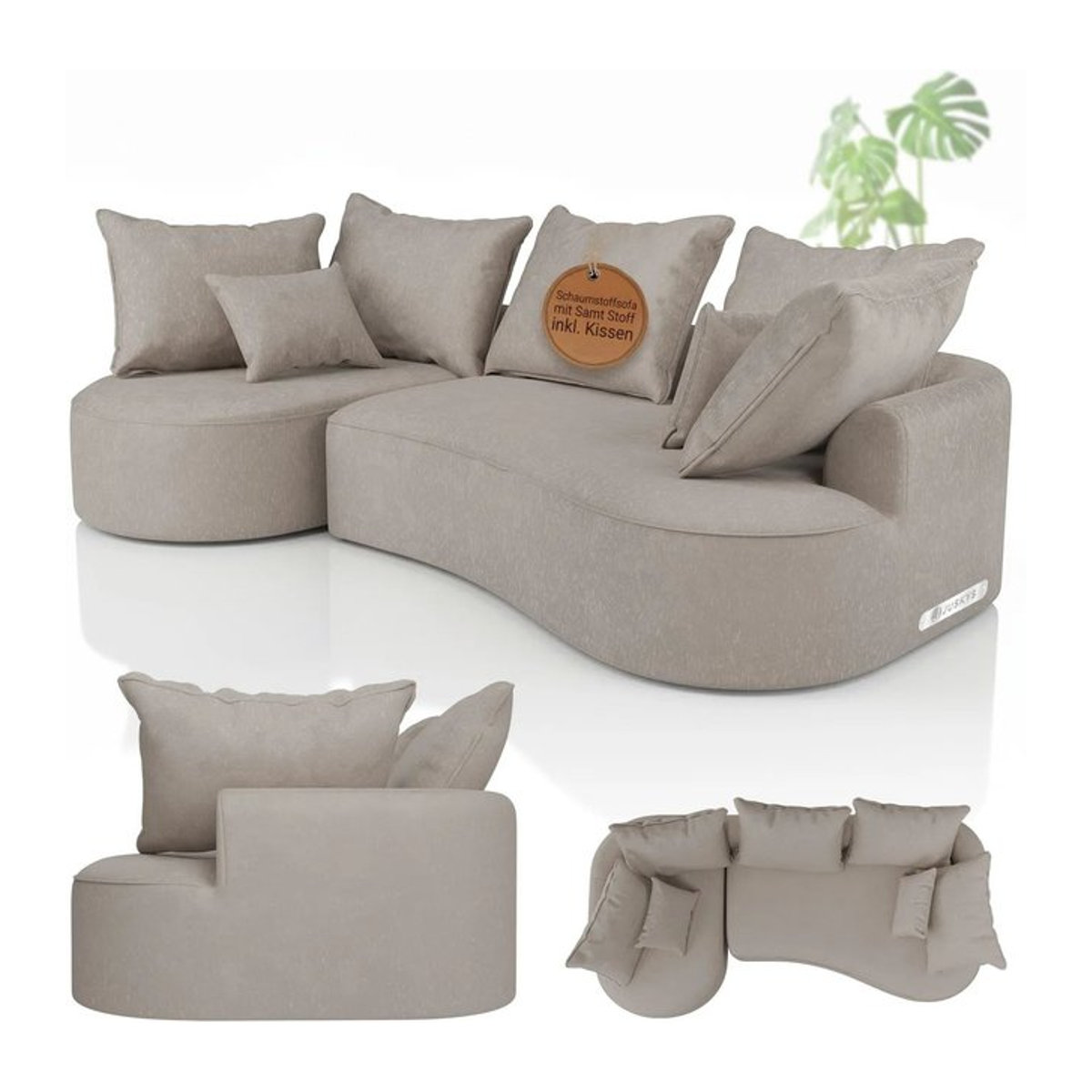 Juskys Sofa Tirano Ecksofa L-Form in Beige aus Samt mit Ottomane links und Kissen, 4-Sitzer Modernes Eckcouch - Bild 1