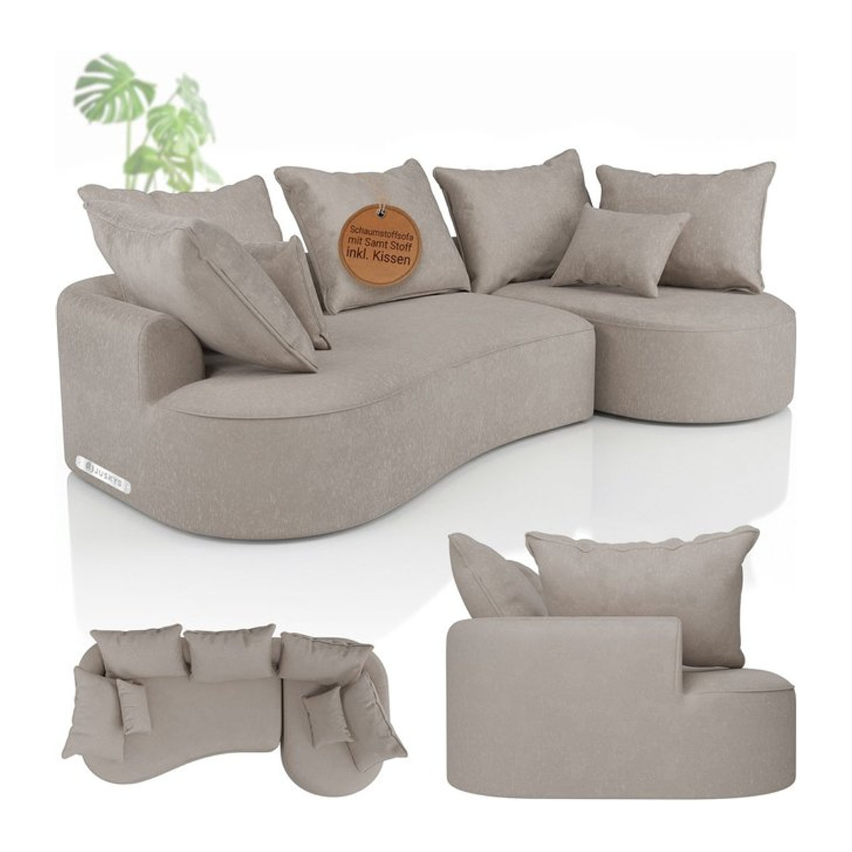 Juskys Sofa Tirano Ecksofa L-Form in Beige aus Samt mit Ottomane rechts und Kissen, 4-Sitzer Modernes Eckcouch - Bild 1