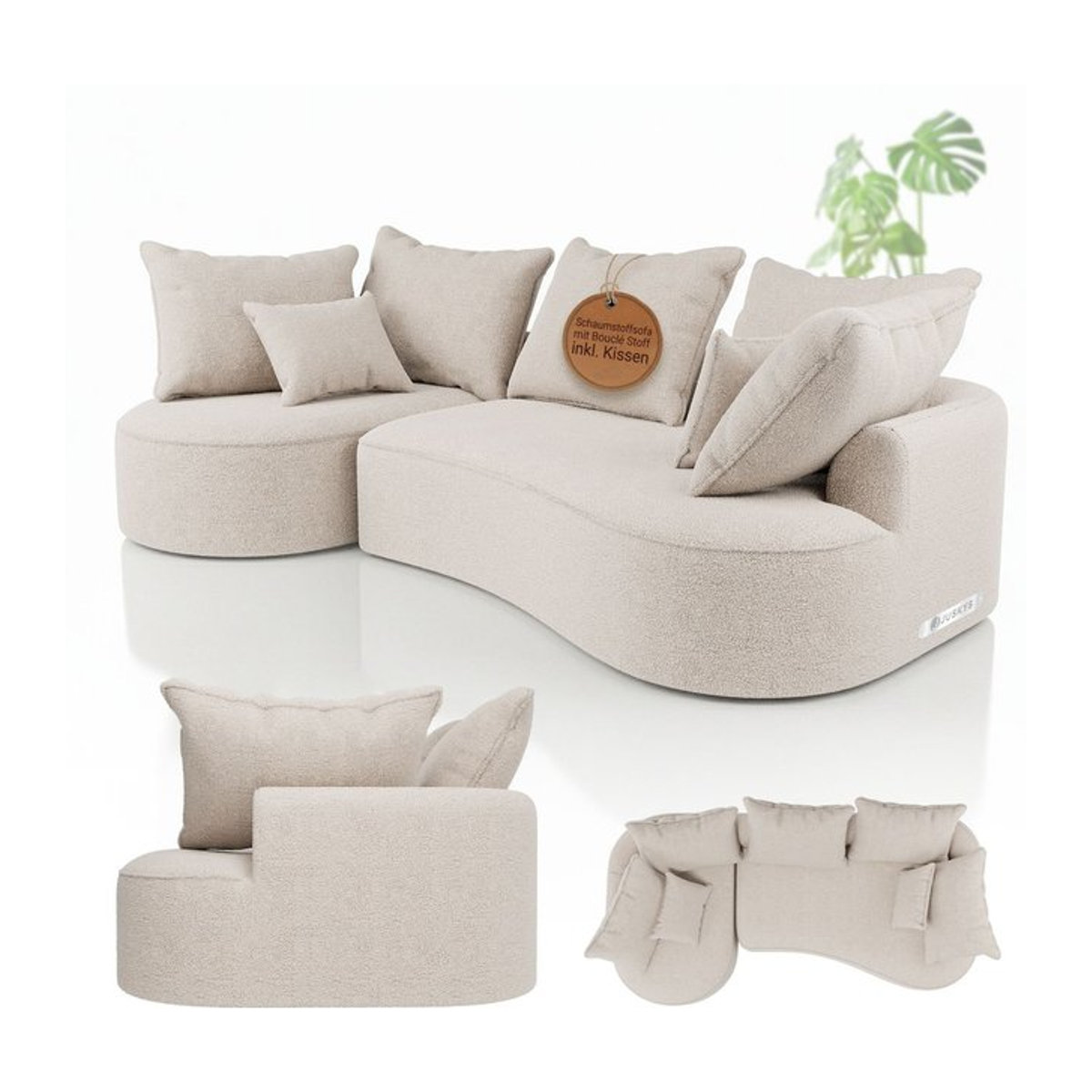 Juskys Sofa Tirano Ecksofa L-Form in Bouclé Creme mit Ottomane links und Kissen, 4-Sitzer - Bild 1