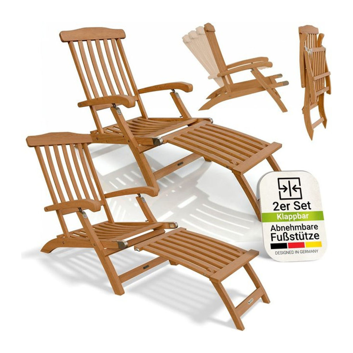 Juskys Sonnenliege Evia 2er Set aus geöltem Akazienholz in Natur, klappbare Gartenliege für Garten und Terrasse, B/T/H: 196 x 54 x 95 cm - Bild 1