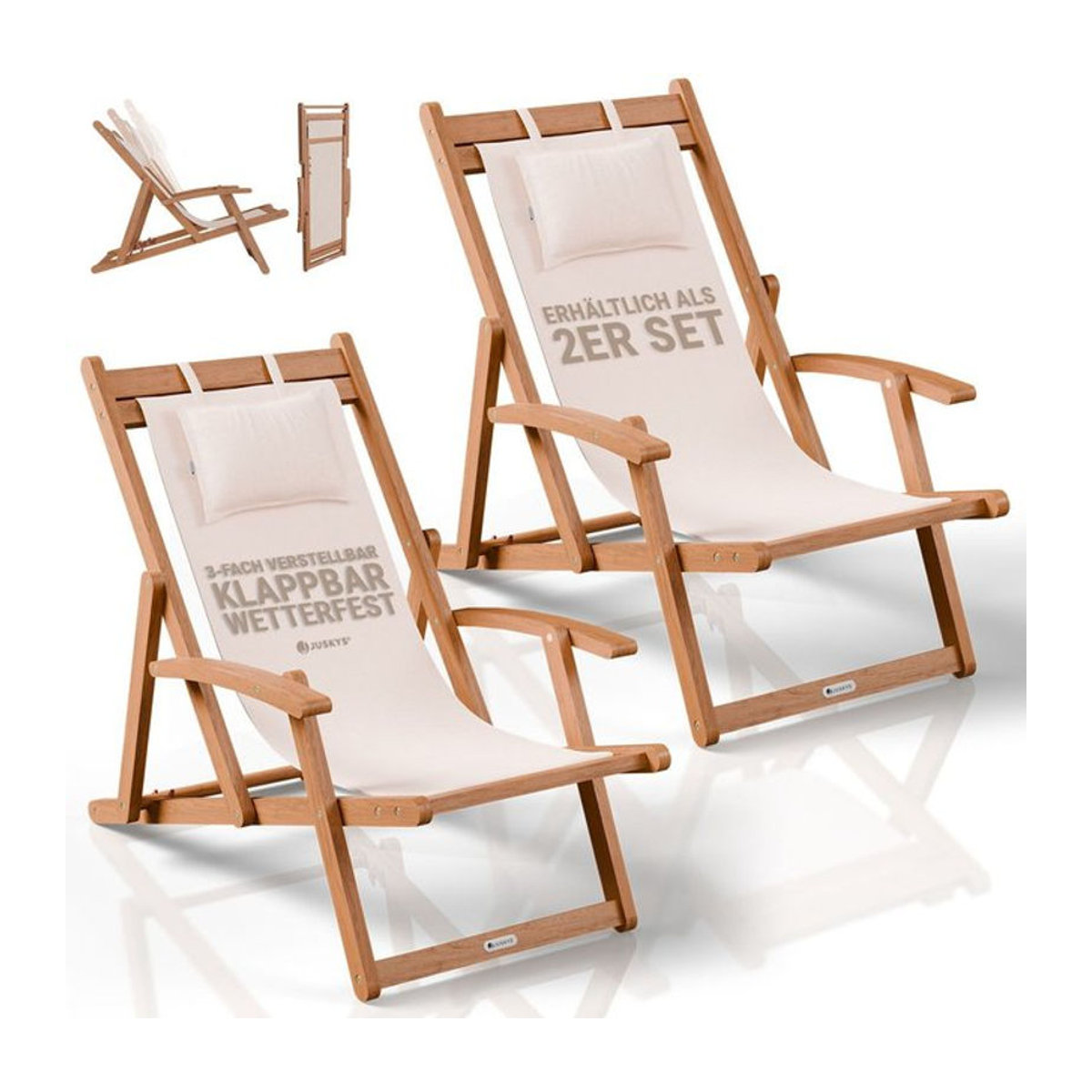 Juskys Sonnenliege Tavira 2er Set aus Akazienholz in Beige mit UV-beständigem Polyesterbezug, klappbare Gartenliegen im modernen Design - Bild 1