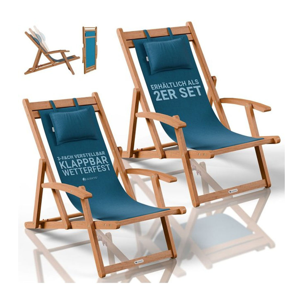 Juskys Sonnenliege Tavira 2er Set aus Akazienholz in Blau mit UV-beständigem Polyesterbezug, klappbare Gartenliegen mit verstellbarer Komfortposition - Bild 1