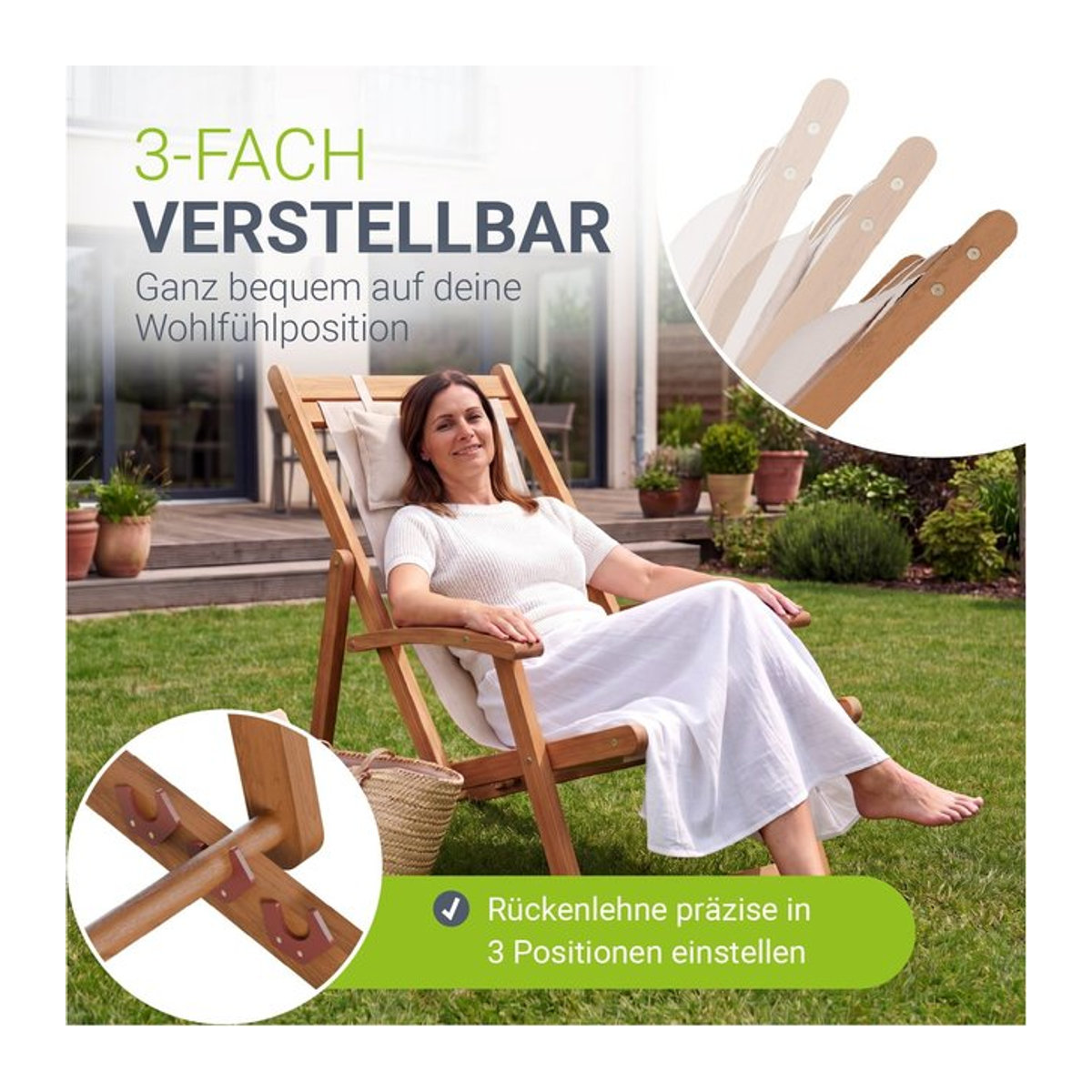JUSKYS Sonnenliege Tavira aus Akazienholz in Creme mit verstellbarer Komfortposition und klappbarem Design - Bild 1