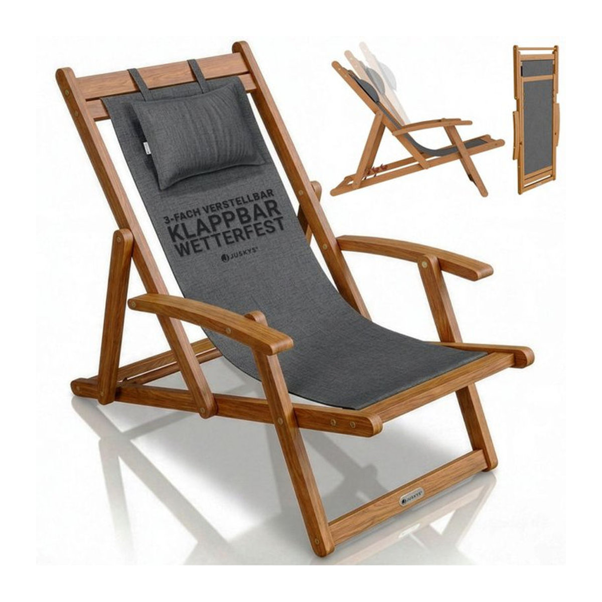 Juskys Sonnenliege Tavira Gartenliege aus Akazienholz in Anthrazit mit UV-beständigem Polyesterbezug und verstellbarer Komfortposition - Bild 1
