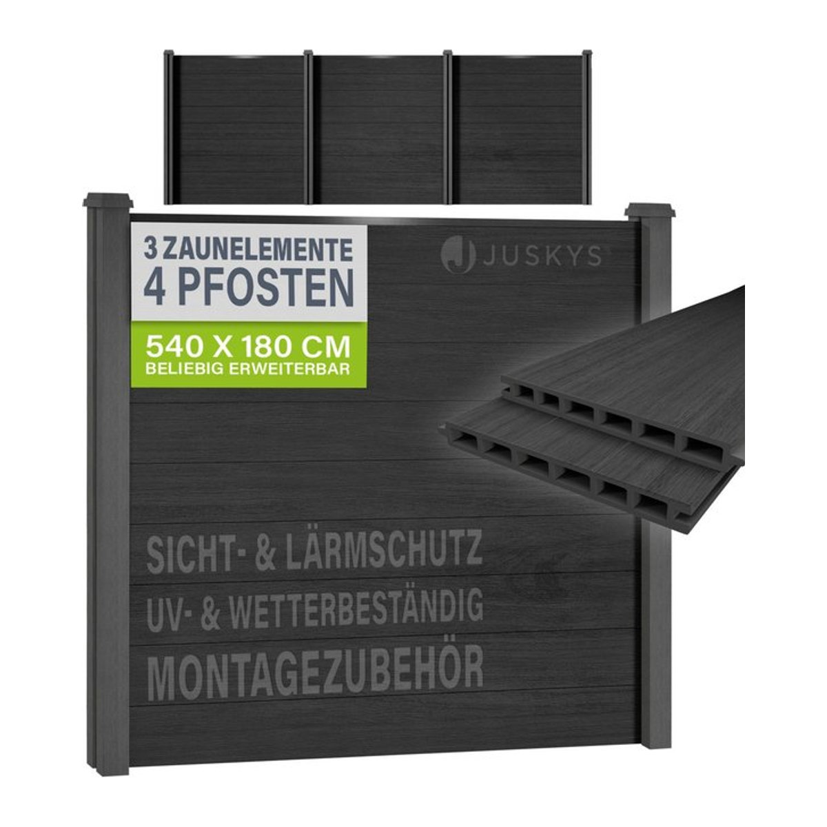 JUSKYS WPC Sichtschutzzaun 3er Set aus Holzwerkstoff und Stahl in Anthrazit/Grau - Bild 1