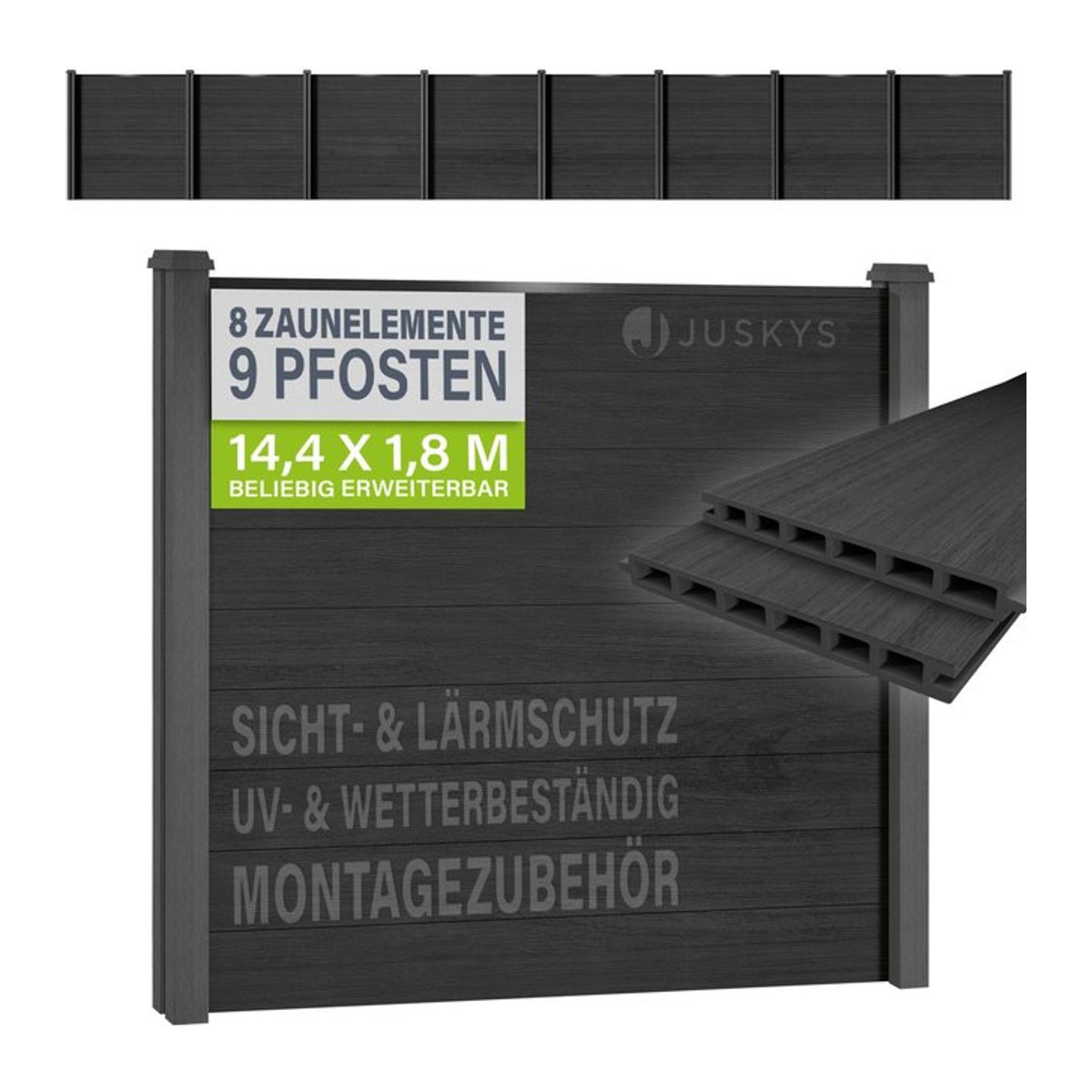 JUSKYS WPC Sichtschutzzaun 8er Set aus Holzwerkstoff und Stahl in Anthrazit/Grau - Bild 1