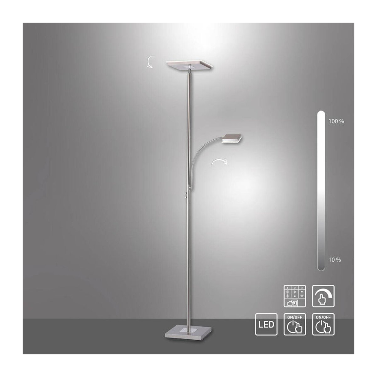 Just Light Deckenfluter Hans LED aus Edelstahl in Silber, Modern und Minimalistisch, Höhe: 190 cm - Bild 1