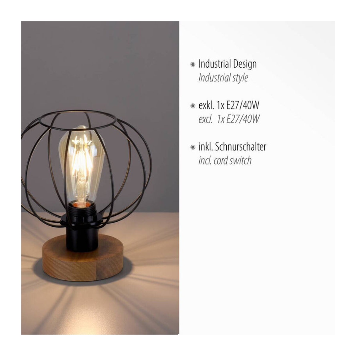 Just Light Tischleuchte in Schwarz im modernen Industrial-Design mit E27 Fassung aus Metall und Holz - Bild 4