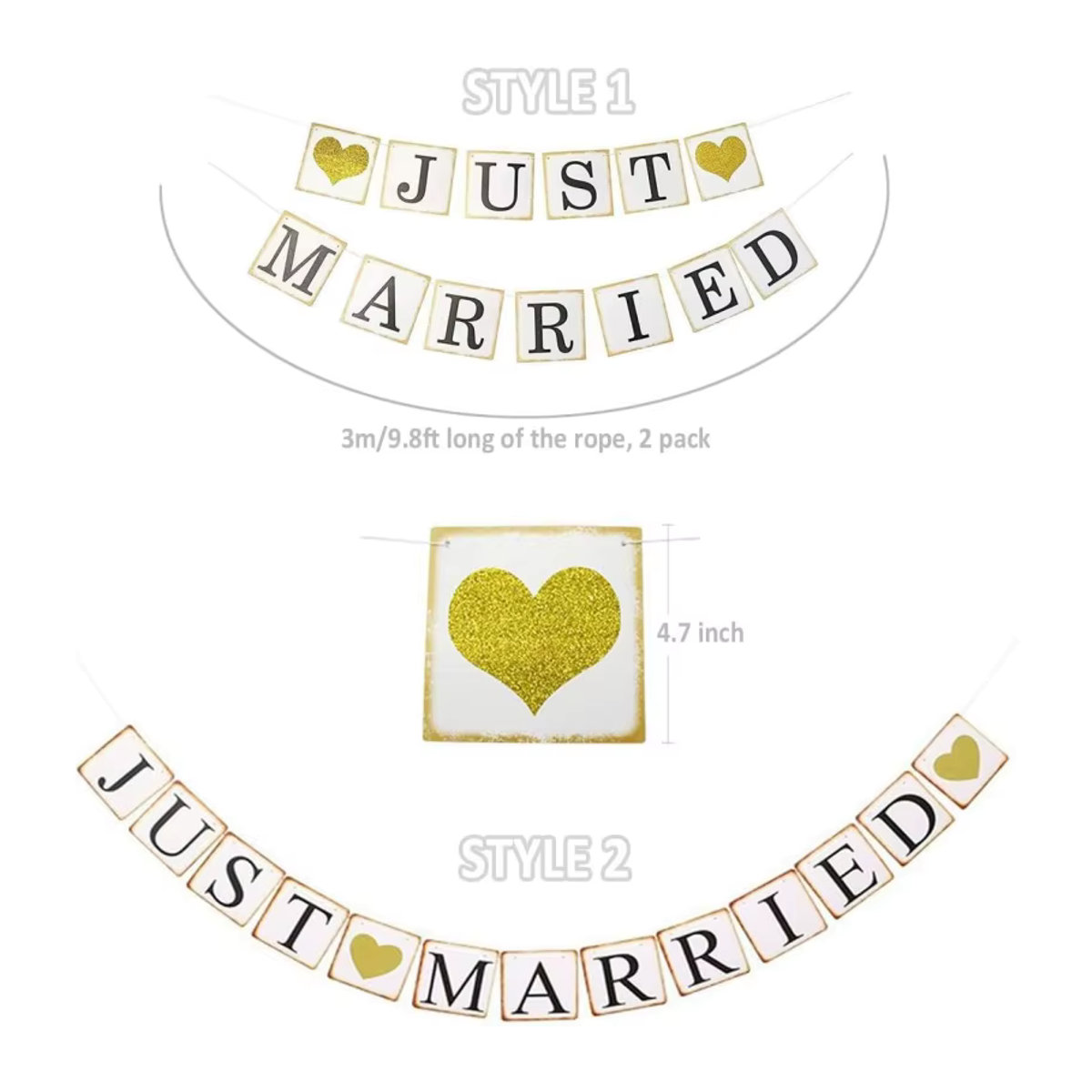 JUST Married Banner Goldglitter Hochzeit Dekoration mit Wimpeln in Gold und Schwarz - Bild 2