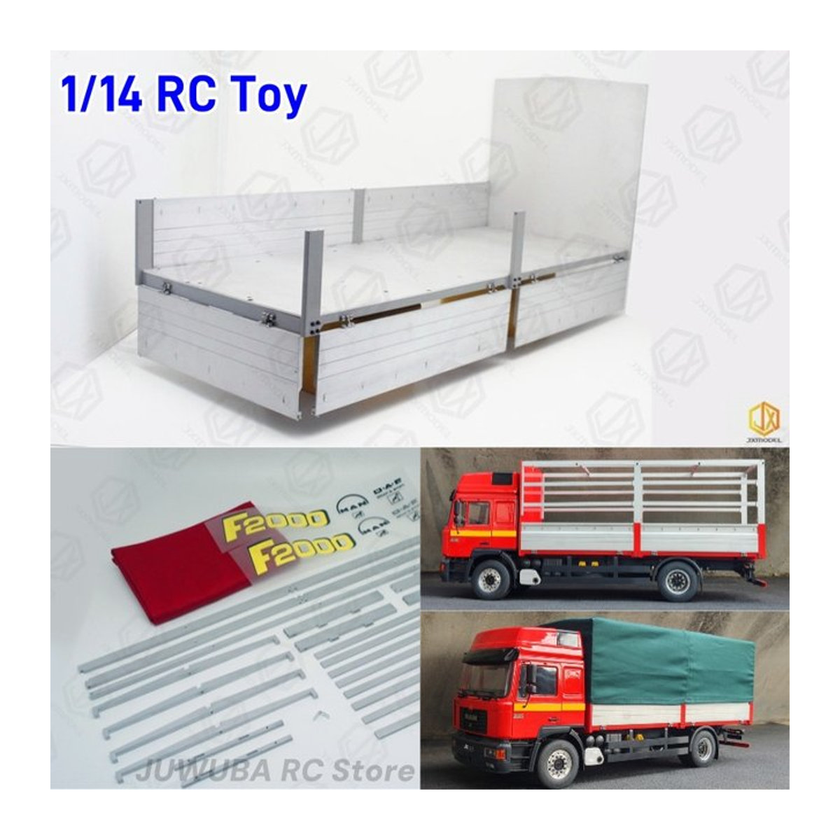 JXMODEL RC 1/14 Stake Bett Aluminium Kit für MAN F2000 Lkw Anhänger Kipper in Rot und Silber - Bild 1