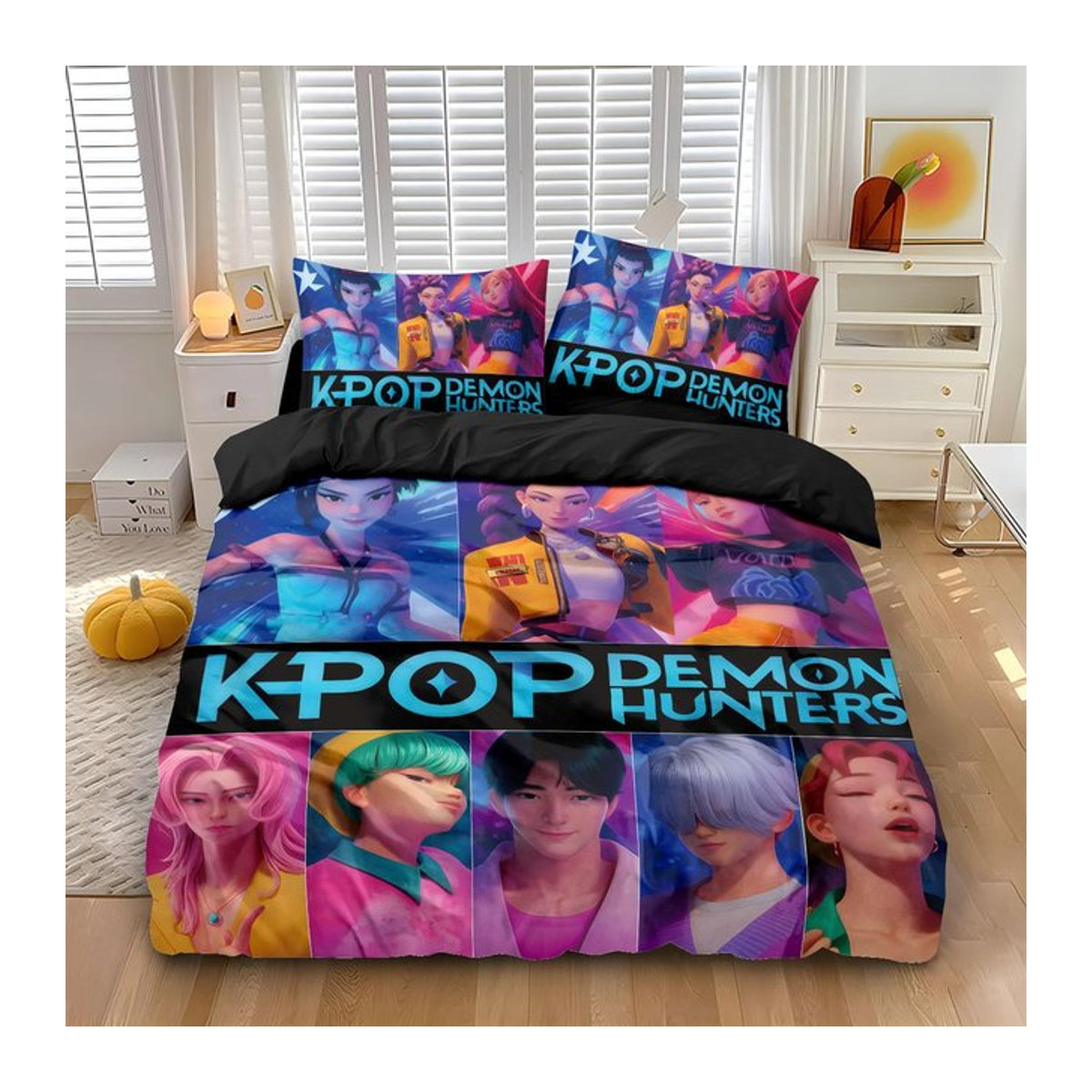 K-Pop Bettwäscheset Demon Hunters aus Polyester in Rosa oder Schwarz, Bettbezug mit Reißverschluss, Größe: 180 x 210 cm - Bild 1