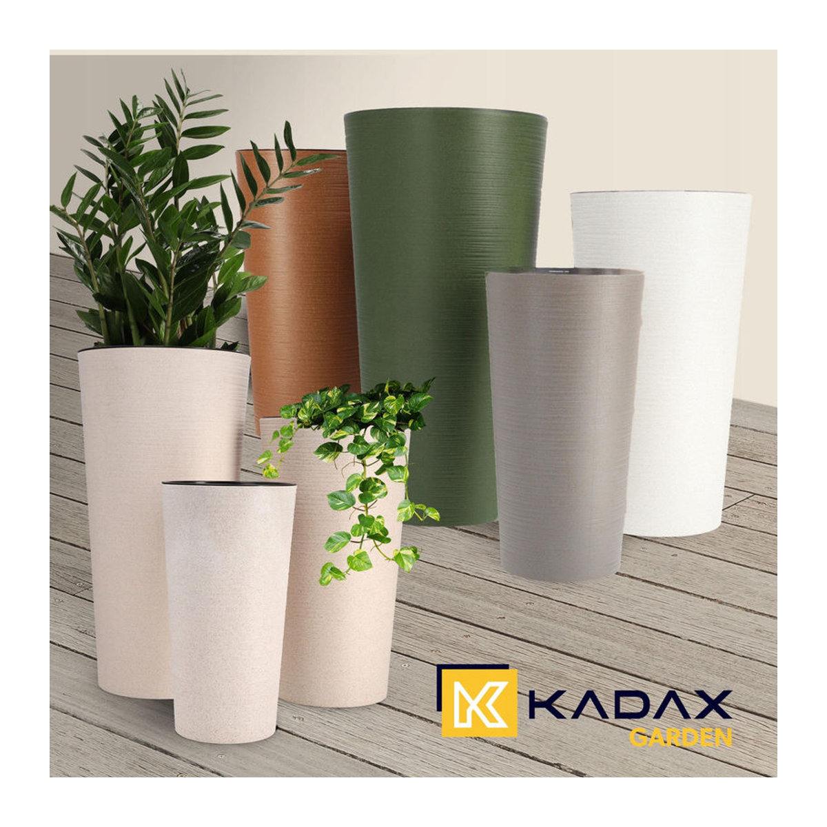 KADAX Set aus 3 Blumentöpfen mit Übertopf und Blumenständer für den Garten in Beige und Grau - Bild 3