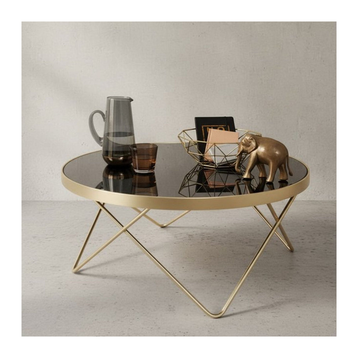 KADIMA DESIGN Beistelltisch Retro mit schwarzer Glasplatte und goldenen Stahlbeinen, Durchmesser: 82 cm - Bild 1