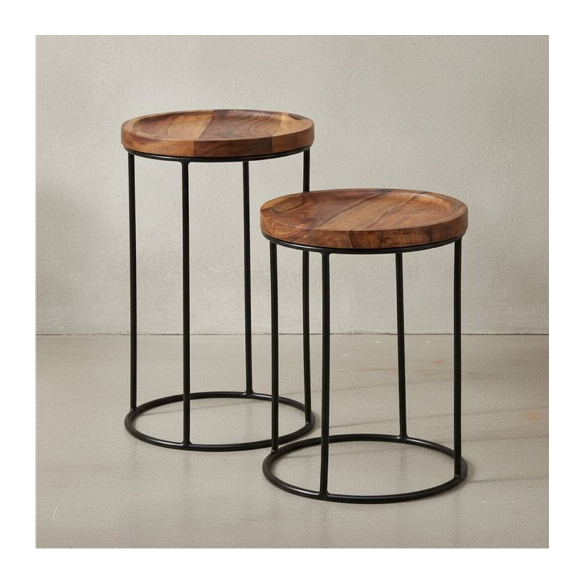 KADIMA DESIGN Beistelltisch Set aus Massivholz und Metall im Industrial Style, Rund, Braun - Bild 1