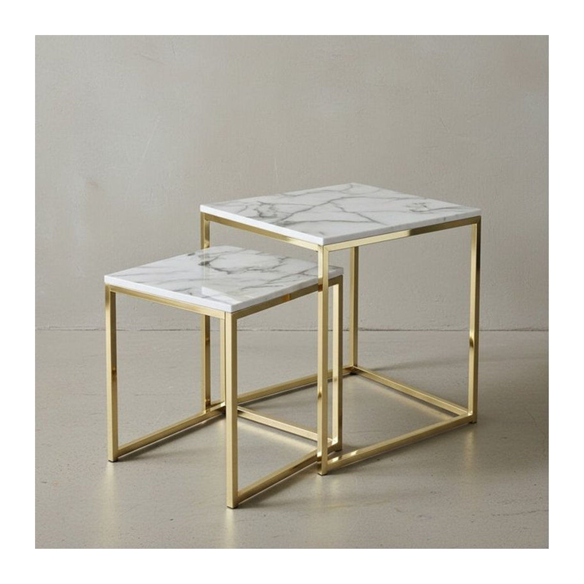 KADIMA DESIGN Beistelltisch Set in Marmor-Optik mit goldenem Metallgestell, 2er Set quadratisch in Weiß und Gold - Bild 1