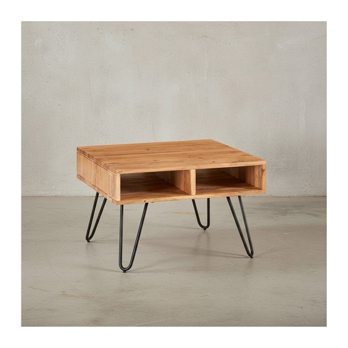 KADIMA DESIGN Couchtisch aus massivem Akazienholz in Braun mit Metallgestell, Modernes Design mit Stauraum, B/T/H: 80 x 60 x 40 cm - Bild 1