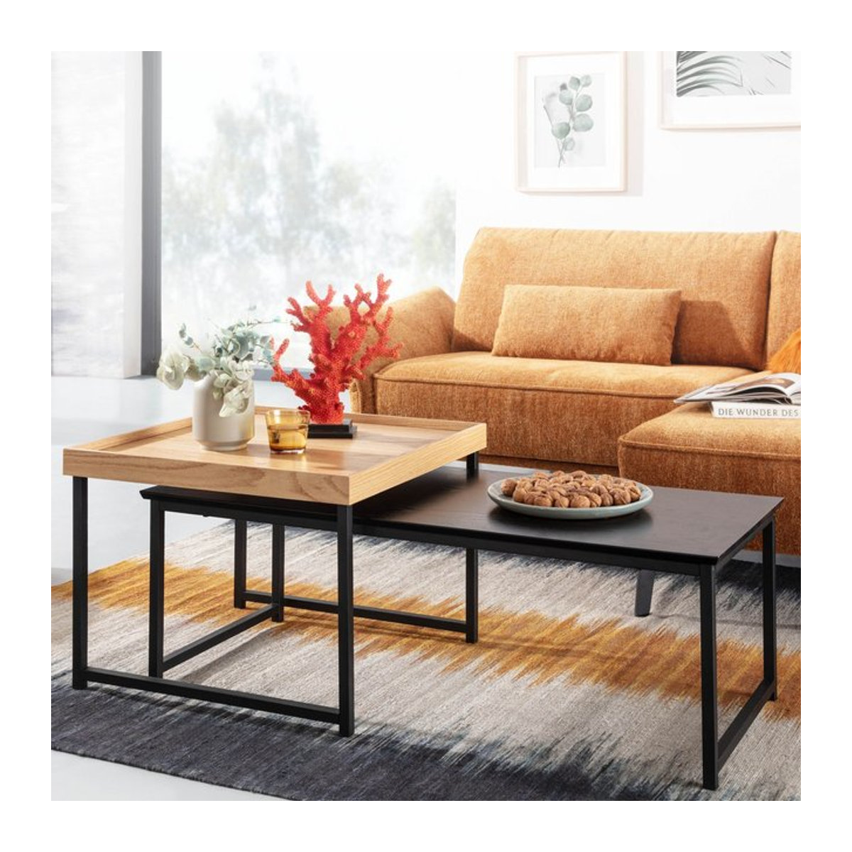 KADIMA DESIGN Couchtisch Set SILVANUS 2er Set Industrial Design in Eiche Natur und Weiß, Rechteckig, B/T/H: 110 x 60 x 45 cm und 60 x 45 x 45 cm - Bild 1